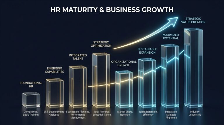 Representação gráfica em tons de azul e dourado sobre a pesquisa de maturidade do RH no Brasil e indicadores da e a evolução dos indicadores de gestão de pessoas até a 4ª Onda do RH.